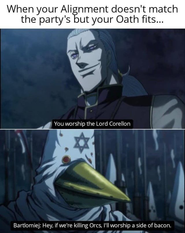 When your oath doesn't match the party vibe but bacon solves everything - meme