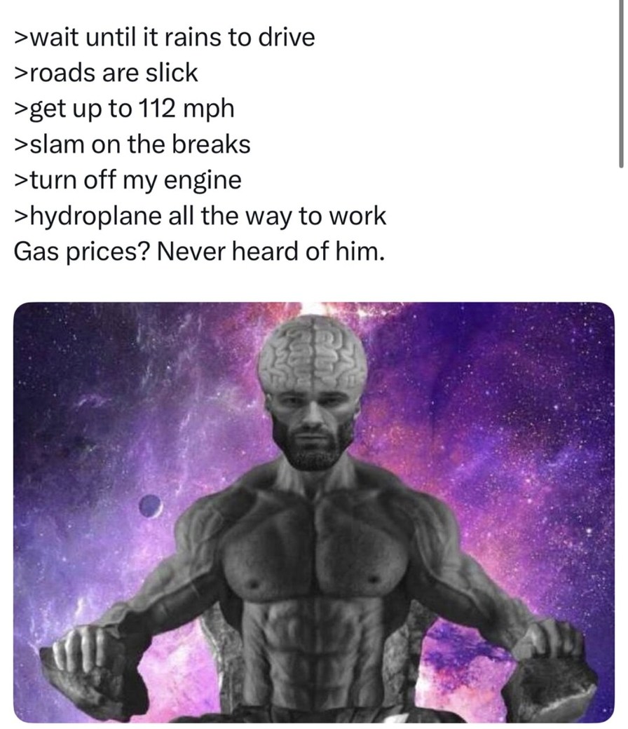 Hydroplaning to work because gas is too damn high - meme