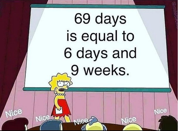 69 days is equal to 6 days and 9 weeks - meme