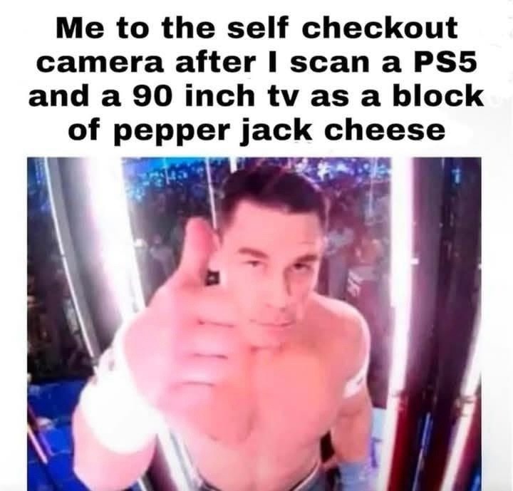 Me side-eyeing the self checkout after scanning a PS5 as cheese - meme