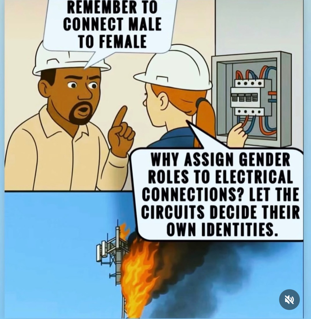 ﻿REMEMBER TO CONNECT MALE TO FEMALE WHY ASSIGN GENDER ROLES TO ELECTRICAL CONNECTIONS? LET THE CIRCUITS DECIDE THEIR OWN IDENTITIES.