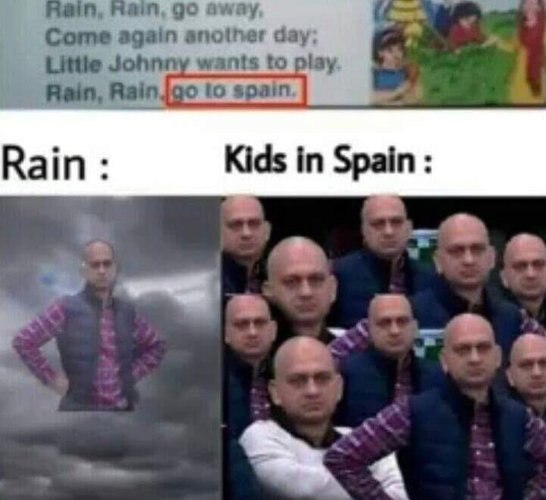 Rain in kids’ books vs rain in real life - meme