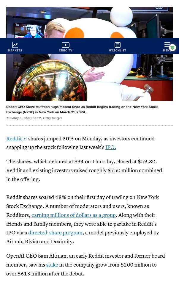 Reddit shares rise 30% to start week after social media company’s IPO - meme