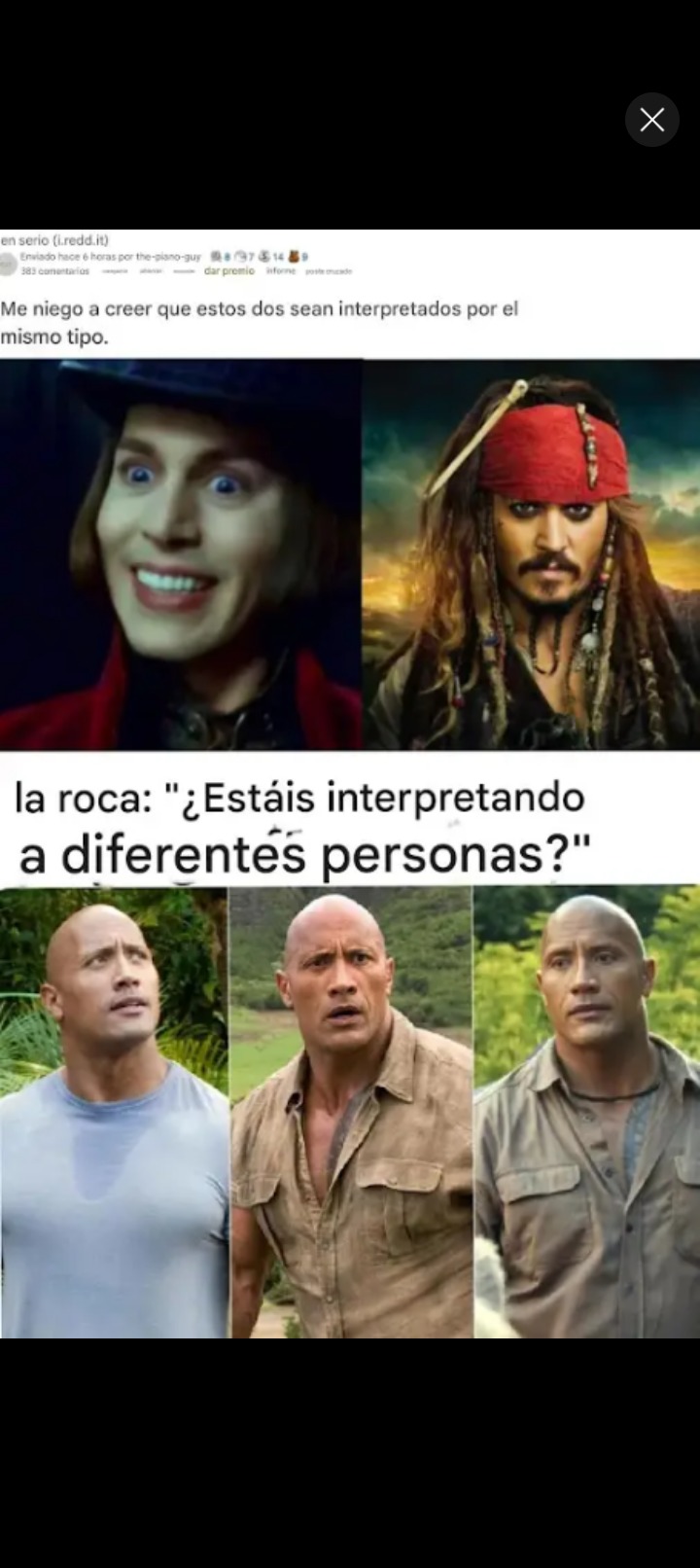 No sabía que jack sparrow y Willy Wonka eran el mismo actor xddd - meme