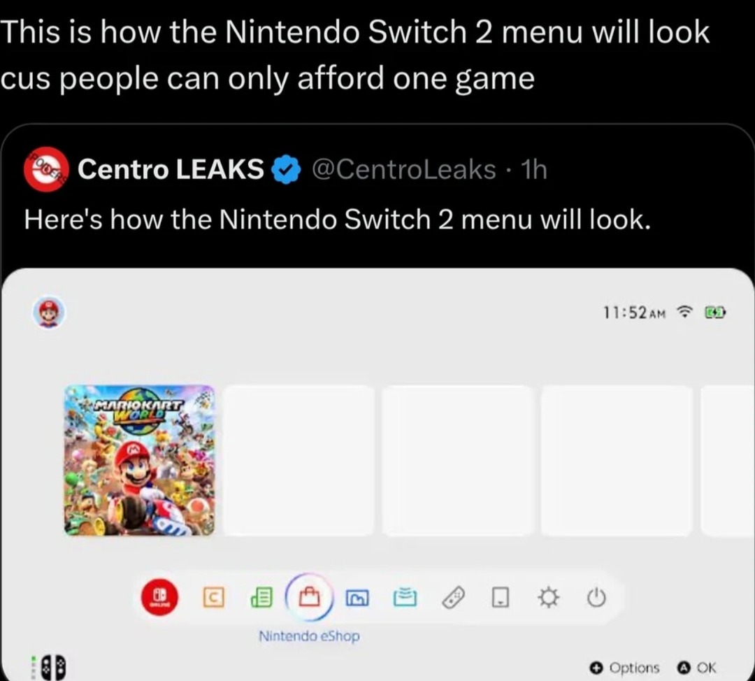 Switch 2 menu after spending $80 on your only game - meme