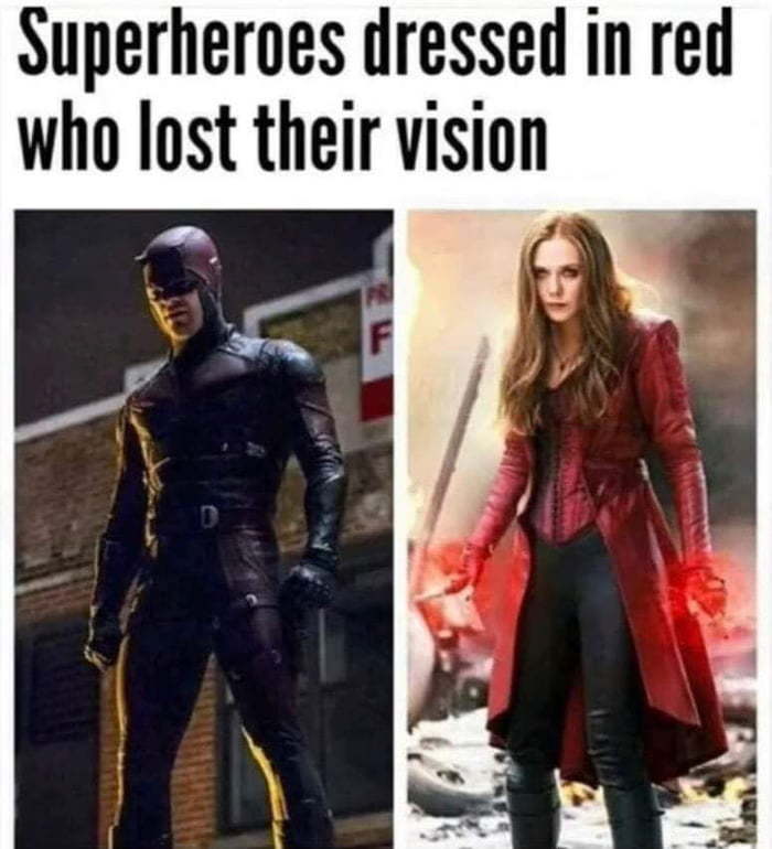 Superheroes dressed in red who lost their vision - meme