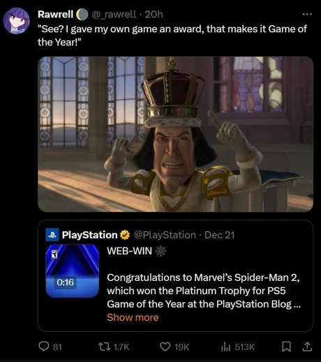Spiderman 2 is the Game of the Year according to Sony - meme