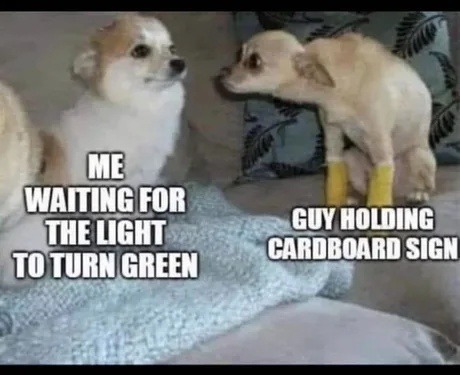 Me waiting for the guy with the sign to turn green - meme