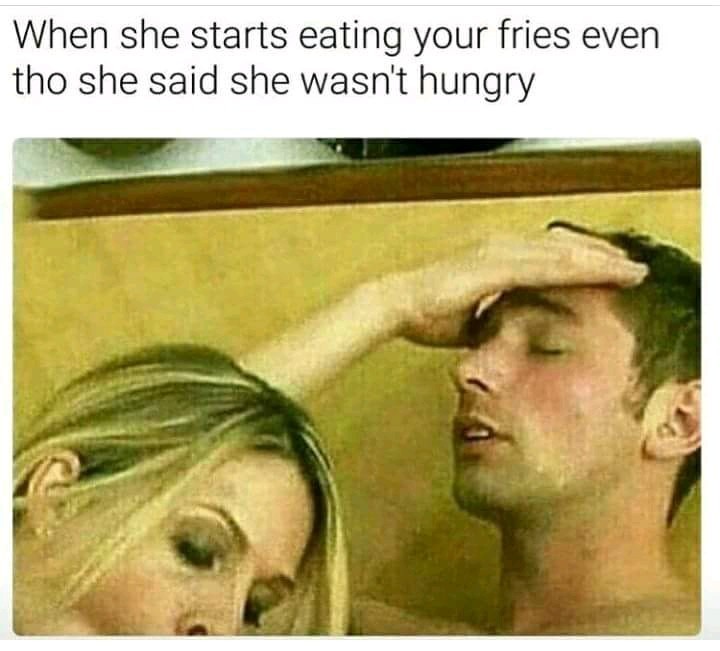 "Is she...", no she is eating his fries - meme