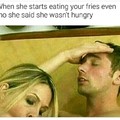 "Is she...", no she is eating his fries