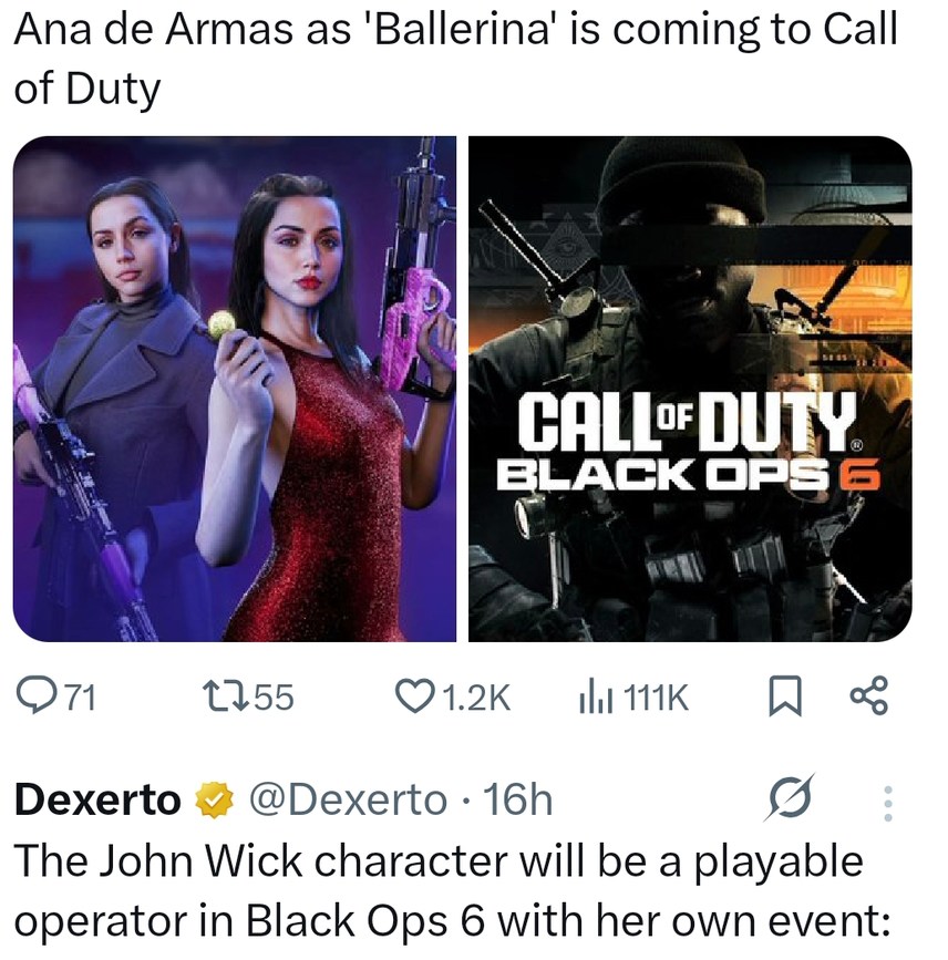 Ana de Armas is about to drop into Black Ops 6 like it's Wick time - meme