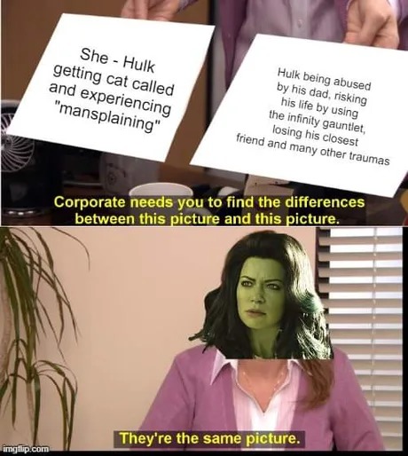 She Hulk and Hulk controlling the pain - meme