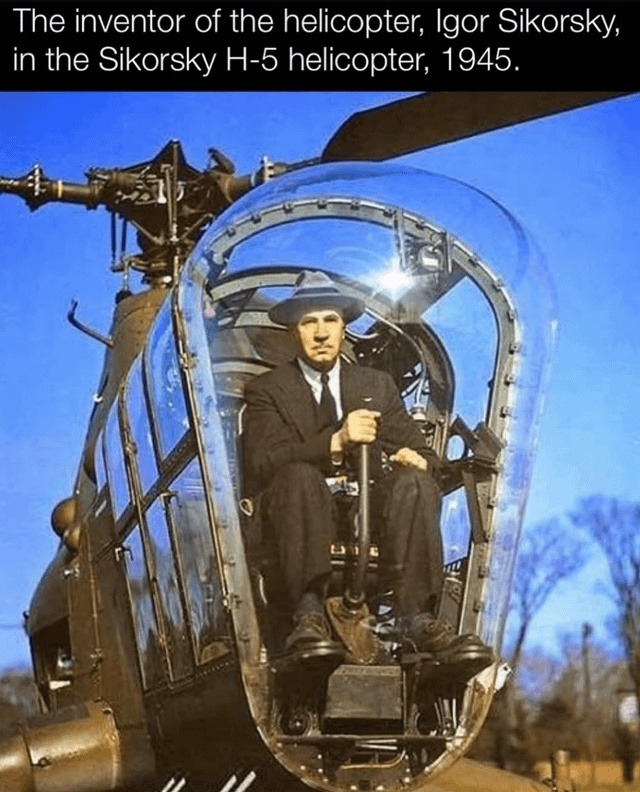 Sikorsky flying the thing he invented like a true legend - meme