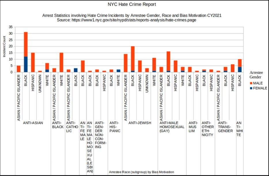 NYC Hate Crime Statistics 2021 -bars represent persons arrested - meme