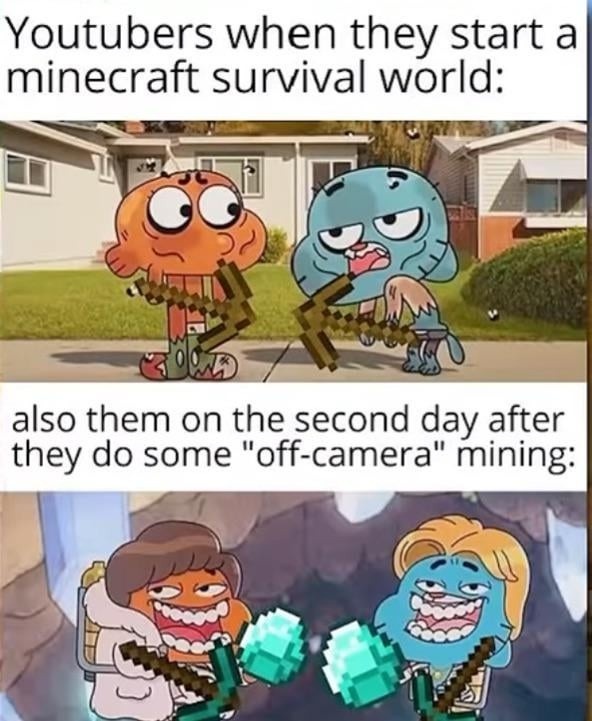 Youtubers: just started survival. Also them: full diamond off-camera - meme