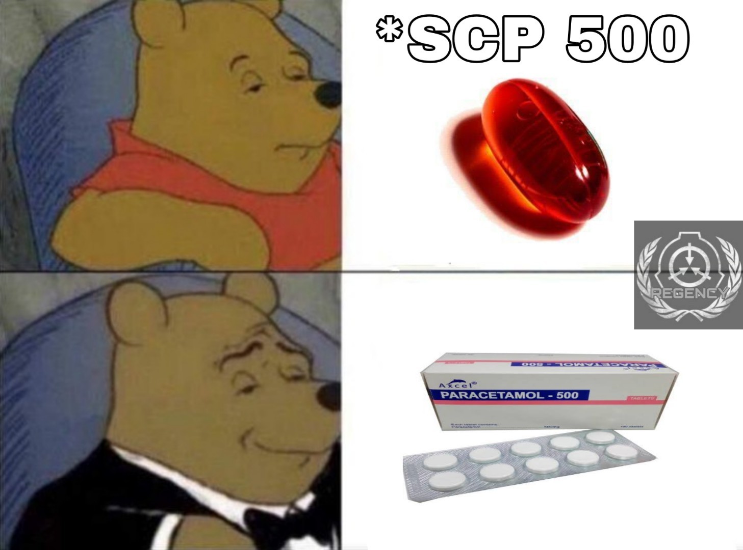 Descripción de SCP 500: Quien se tome esta pastilla se curara absolutamente de todo - meme
