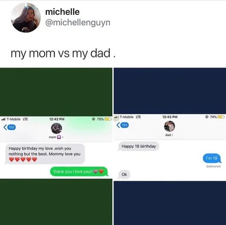 mom vs dad for her birthday - meme