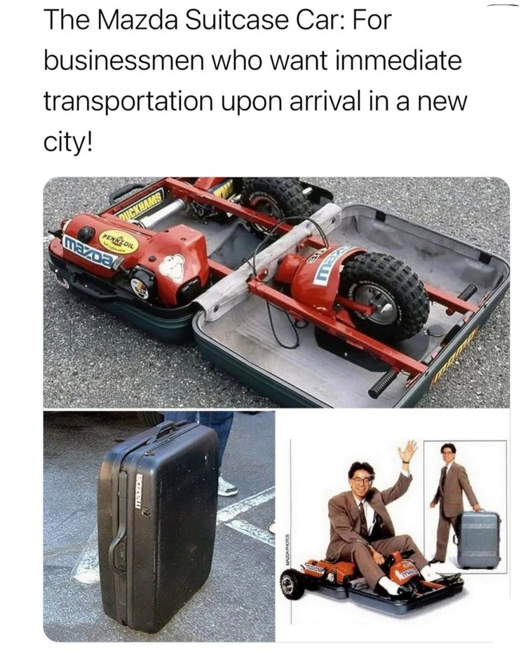 Mazda made a suitcase car before electric scooters were cool - meme