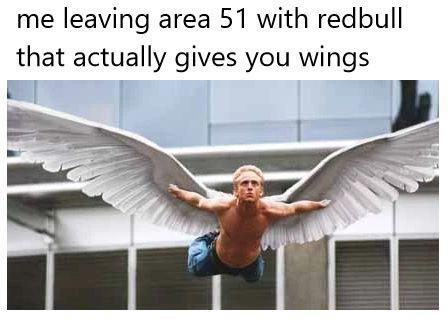 Me leaving Area 51 with Redbull that actually gives you wings - meme