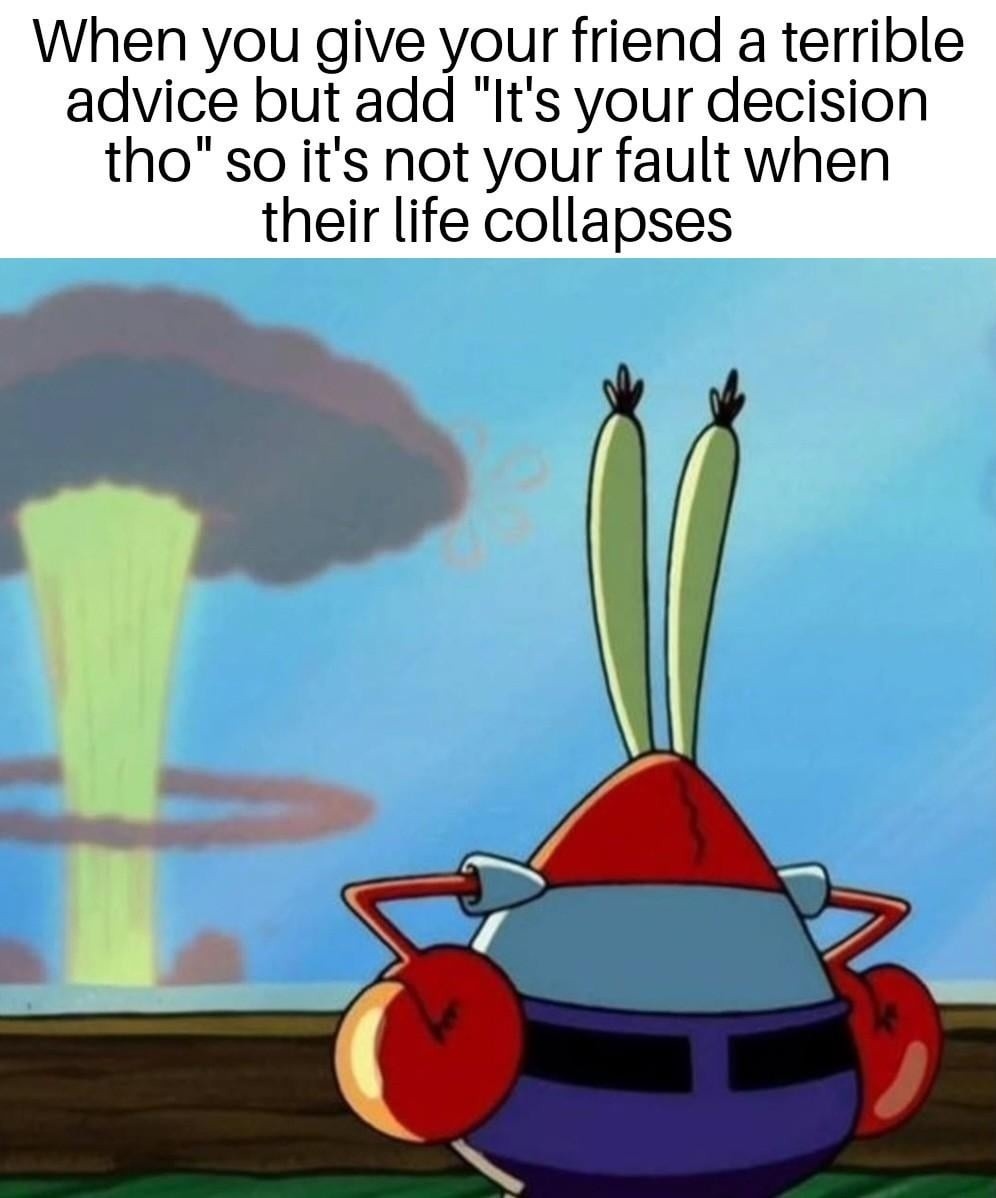 Bad advice + ‘It’s your decision tho’ = legal immunity - meme