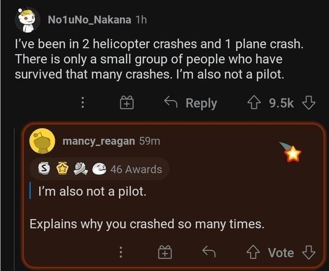 Survived 3 crashes but not a pilot? Yeah that explains a lot - meme