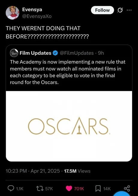 Oscars now requiring voters to actually watch the movies - meme