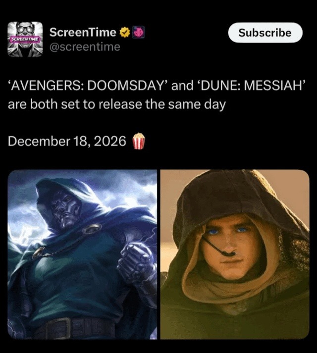 Avengers vs Dune on Dec 18, 2026. Choose your chaos - meme