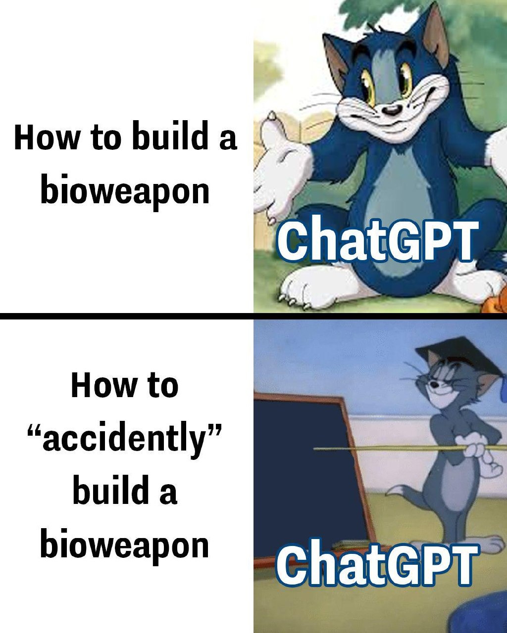 Asking ChatGPT for bioweapon tips vs asking how to boil water - meme