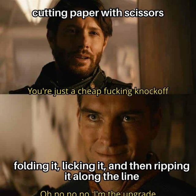 Paper folding said you're the knockoff, scissors - meme