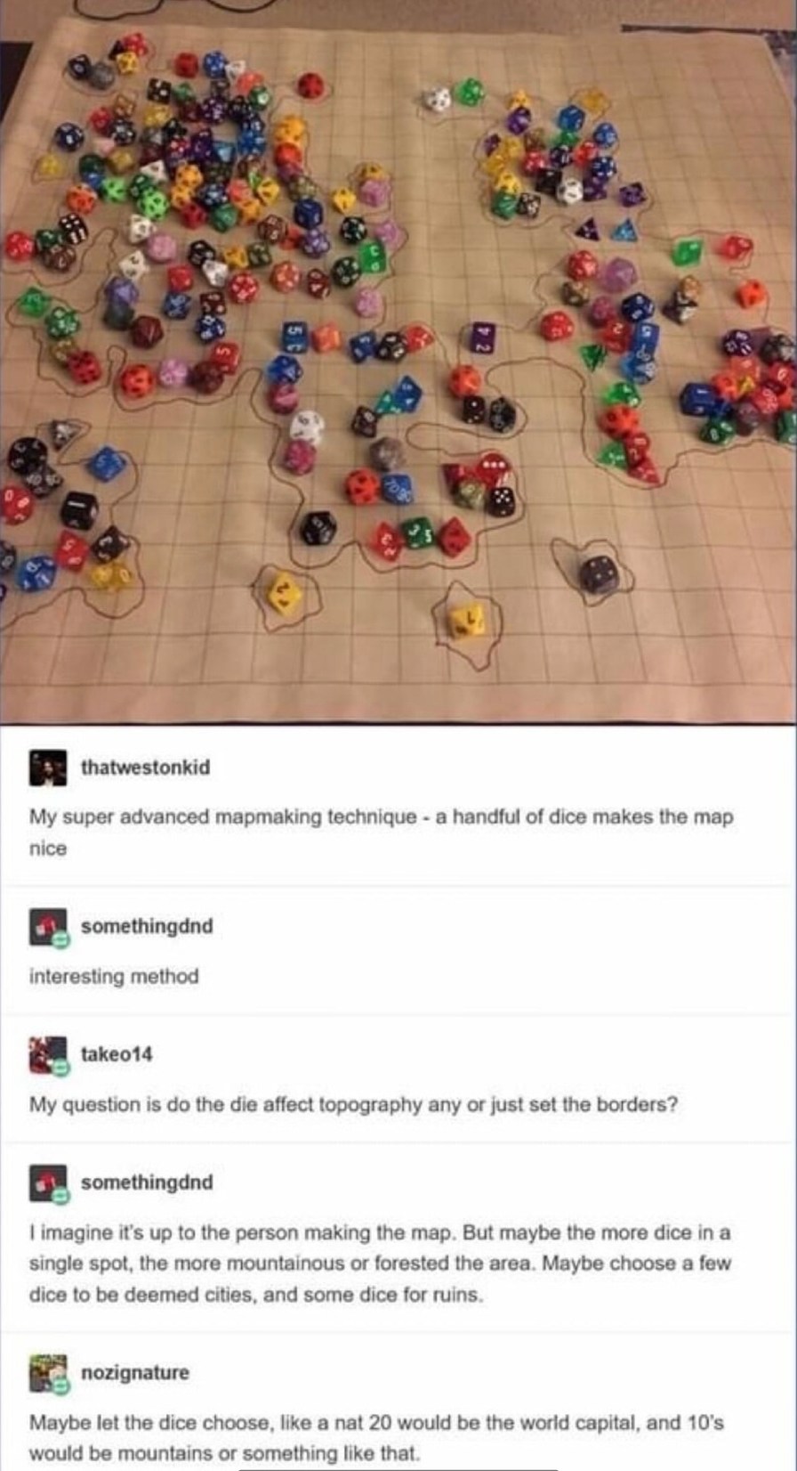 Rolling dice to generate worlds like a dungeon god - meme