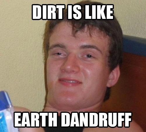 Dirt is like earth dandruff. Where's the hair? - meme