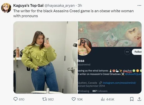 The writer for the black Assasins Creed game is an obese white woman with pronouns - meme