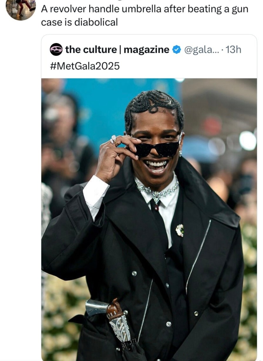 Pulling up to Met Gala with a revolver umbrella post-case is wild - meme