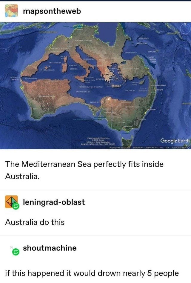 Mediterranean Sea now fits in Australia - meme