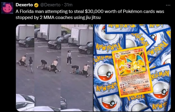 A Florida man attempting to steal $30,000 worth of Pokémon cards was stopped by 2 MMA coaches using jiu jitsu - meme