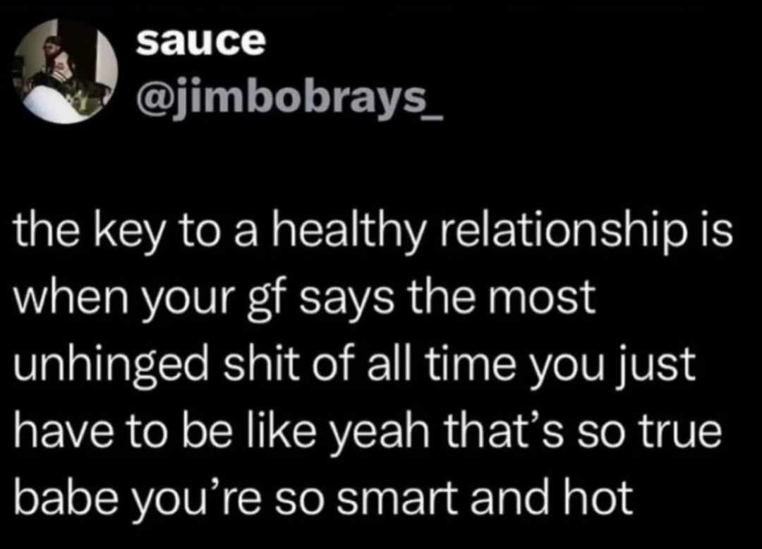 Healthy relationship is just nodding along while she says the most unhinged stuff ever - meme
