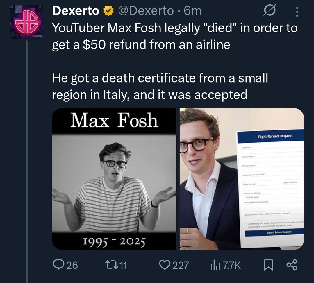 Dude faked death for airline refund - meme