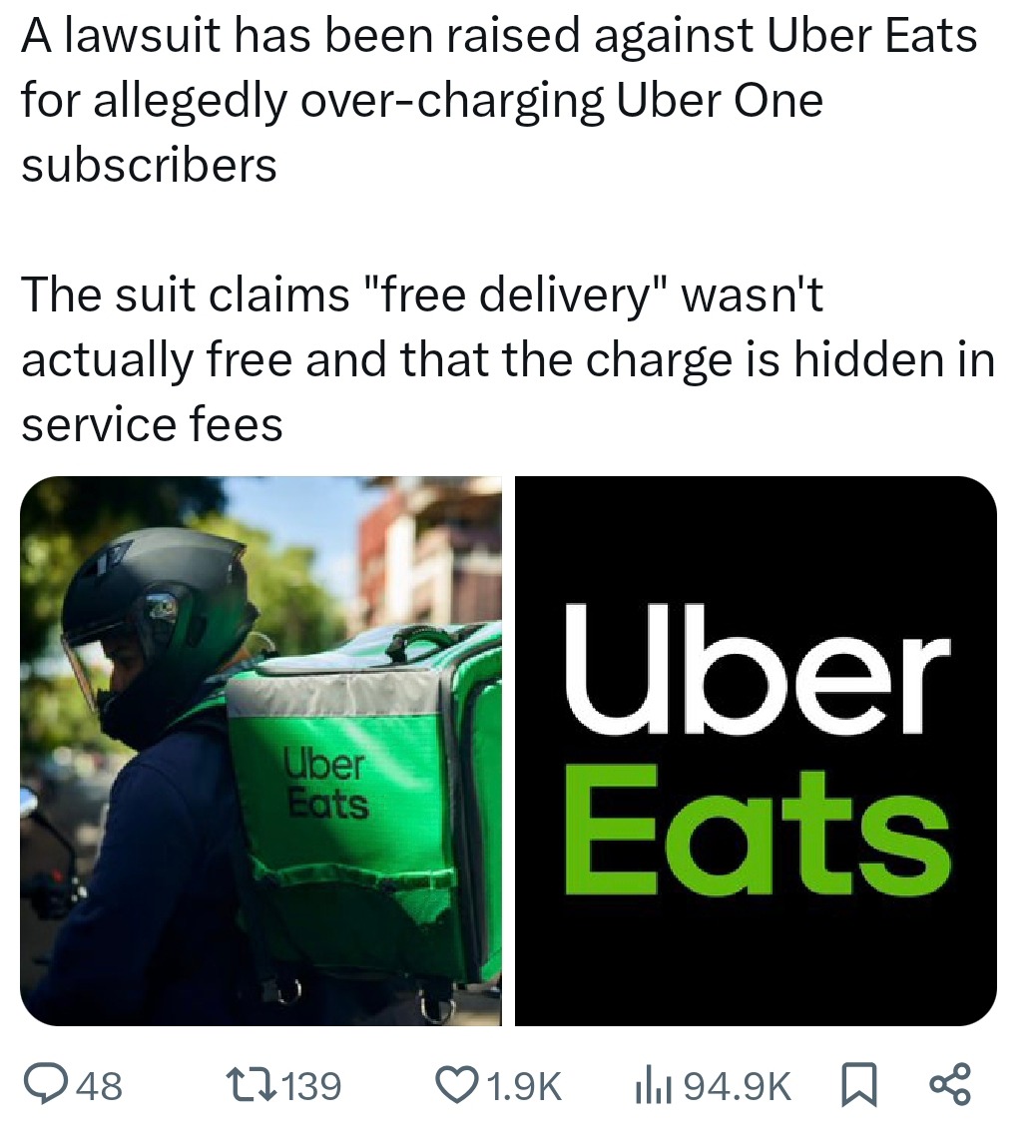 Uber Eats sued for fake 'free' delivery scam - meme