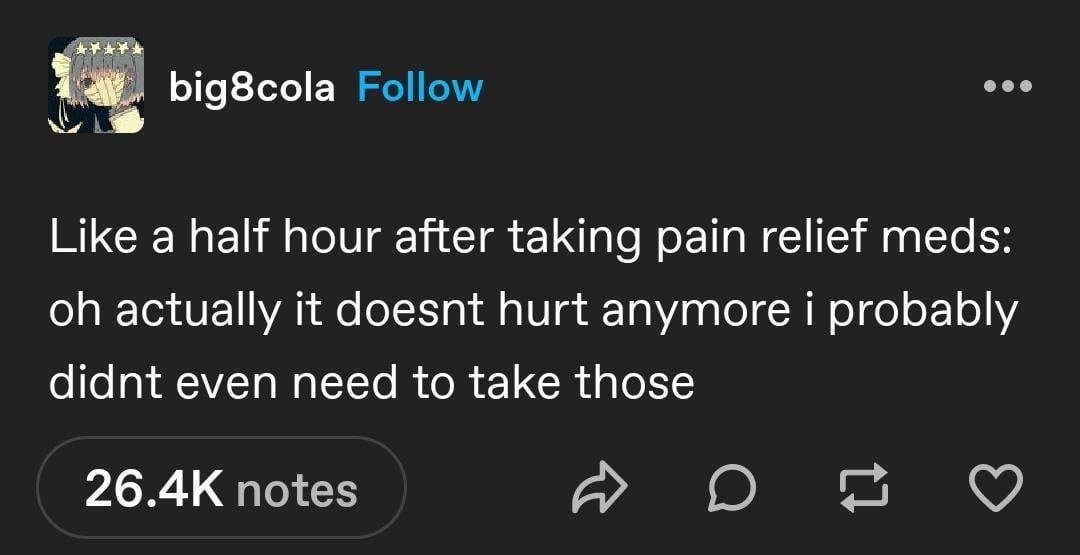 Pain meds kicking in like maybe I was just dramatic - meme