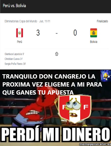 Don Cangrejo perdio su dinero por que Peru Ganó - meme