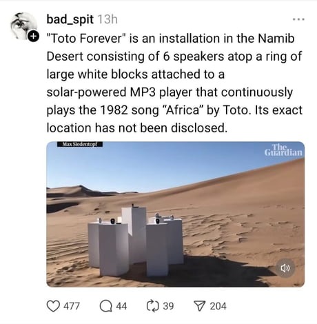 Toto on repeat forever in the desert - meme