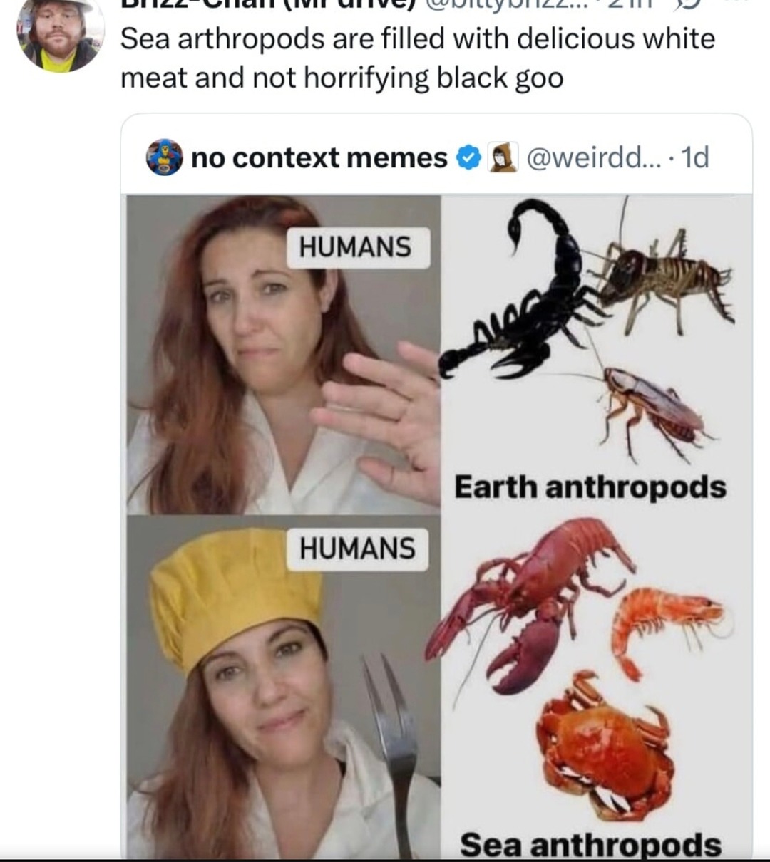 Sea bugs? Gourmet. Land bugs? Hell no - meme