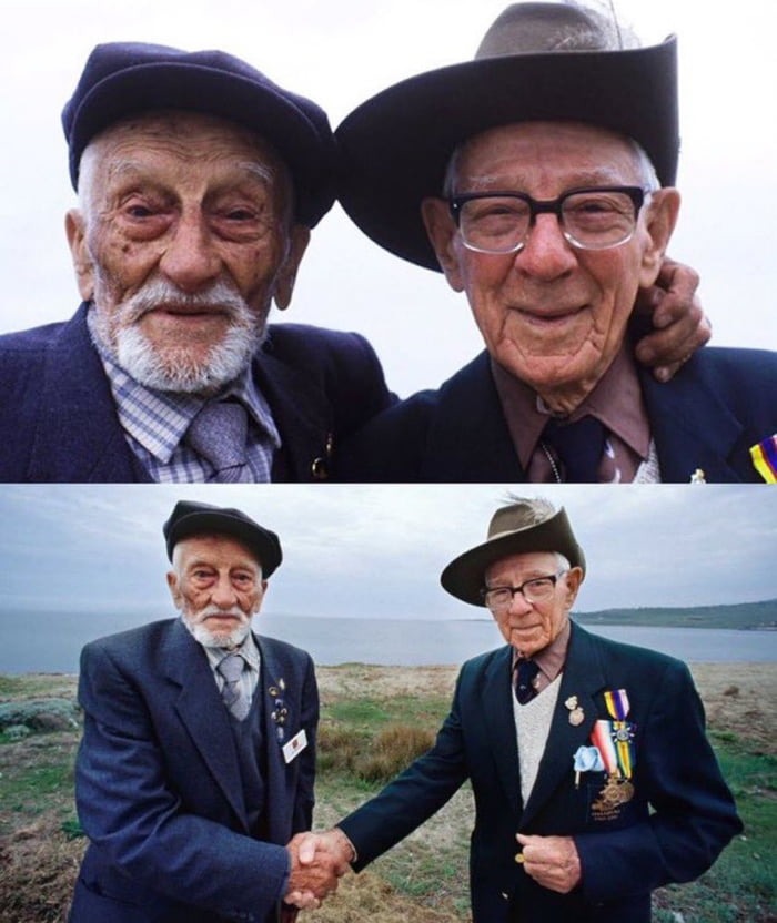 The Turkish veteran Adil Şahin and the Australian veteran Len Hall met as friends in Gallipoli in 1990, 75 years after they fought as enemies in the same place. - meme