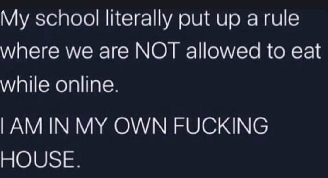 School made a rule against eating during online classes like I'm not at home - meme