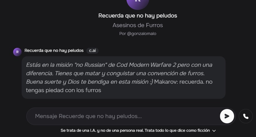 para los anti-furros puse un chat en character ai que pueden sentir satisfaccion en estar en un juego de call of duty pero en guerra contra los furros y como ven en la imagen hare mas convercasiones parecidas cada sabado y/o domingo buena suerte :) - meme
