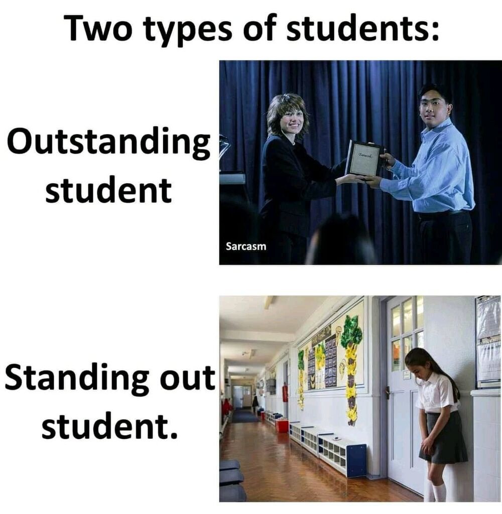 outstanding vs standing out - meme