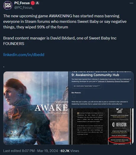 Awakening is banning everyone who mentions Sweet Baby inc in Steam - meme