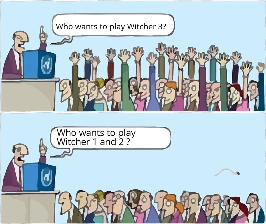 Tried playing Witcher 2 but Witcher 3 set my expectations for the series so high that I couldn't get into it - meme