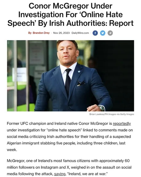 Conor McGregor under invsetagion for Online Hate Speech - meme