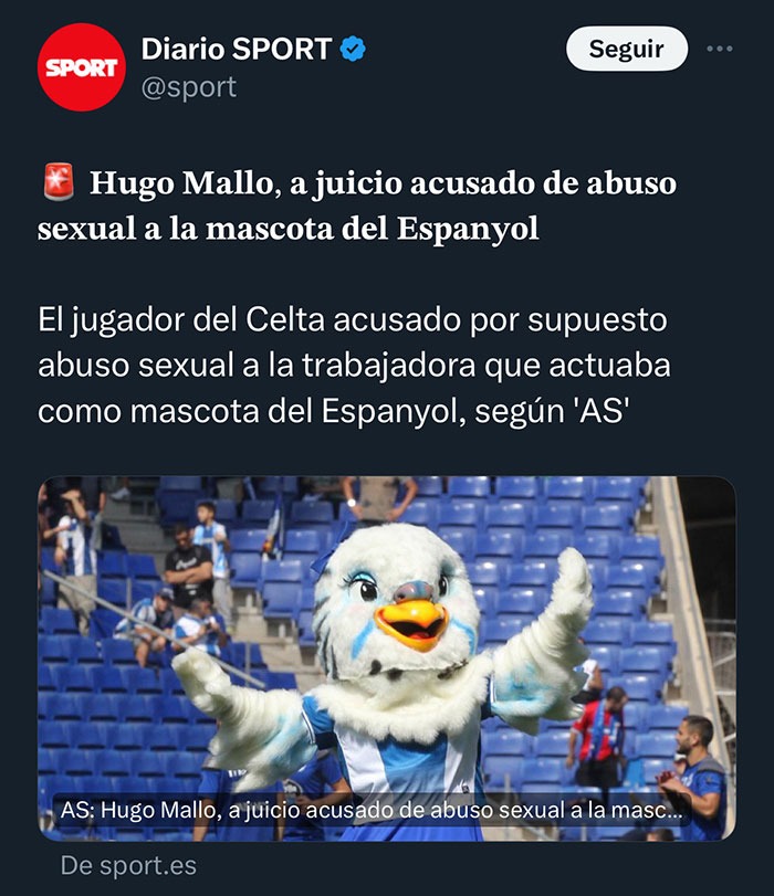 Noticia surrealista de Hugo Malllo y la mascota del Espanyol - meme